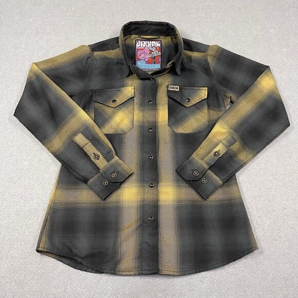 DIXXON Shirt Womens Small Black Gold Oil The Panhandle Plaid Snap Buttons - Picture 1 of 12